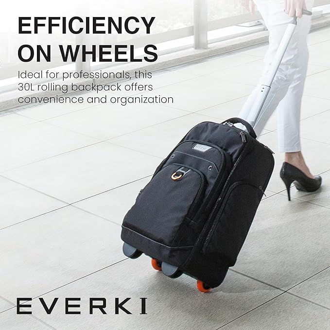 EVERKI Atlas 30L Wheeled Laptop Backpack – Carry-On Travel Backpack for Women & Men – Fits 13 to 17.3-Inch Laptops with Adjustable Compartment – Rolling Backpack for Travel – Black (EKP122)