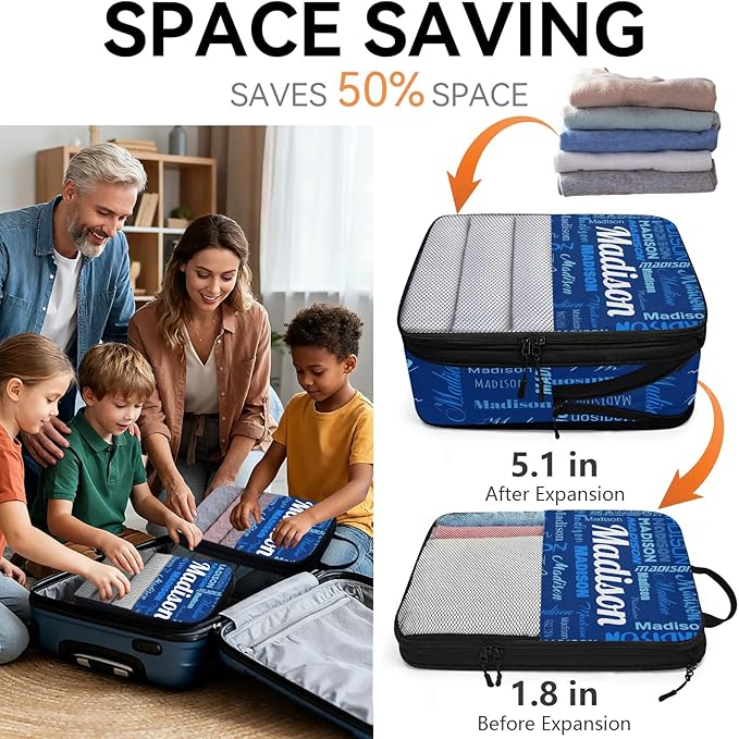 Personalized 6 Set Compression Packing Cubes for Travel Essentials with Name Customized Lightweight Carry on Expandable Luggage Organizer Bags for Women and Men, Blue