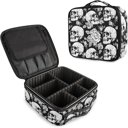 MNSRUU Travel Makeup Bag, Gothic Skulls and Flowers Women Makeup Case Organizer Cosmetic Toiletry Bag for Teenage Girl with Adjustable Dividers