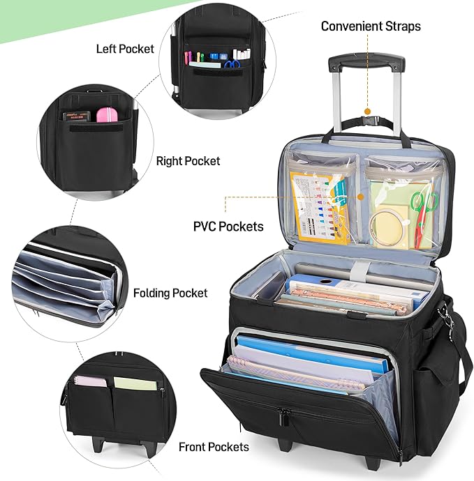 Trunab Rolling Teacher Bag with Expandable File Pocket and Detachable Trolley, Teacher Tote Bag with Wheels for up to 15.6 Inches Laptop (Patented Design) (Black)