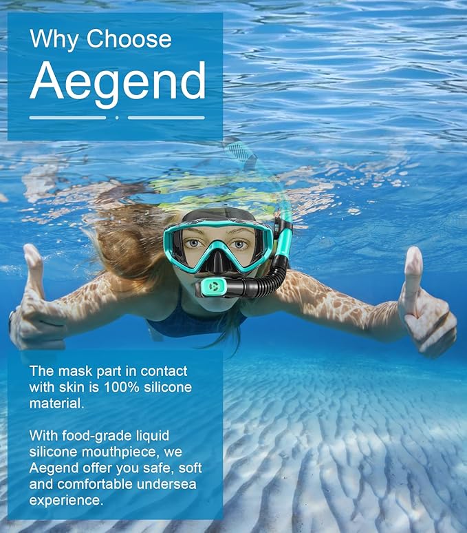 Aegend Snorkeling Gear for Adults Youth Kids, Dry Snorkel Set Panoramic View Enhanced Anti-Leak and Anti-Fog Technology, Adjustable Strap for Snorkeling Scuba Diving Swimming with Mesh Bag