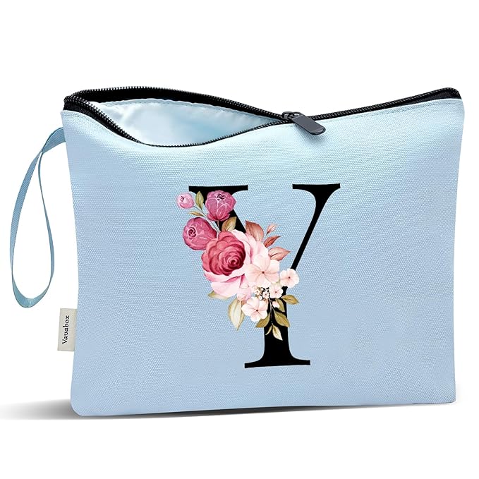 Vavabox A-Z Personalized Makeup Bag, Birthday Gifts for Women Mom, Gifts for Best Friend, Bride Bridesmaid Cosmetic bag (Y, Blue)