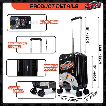 Kids Luggage Set 5 Piece 16'' Hardside Spinner Wheels Travel Suitcase Carry On Airline Approved Black Car