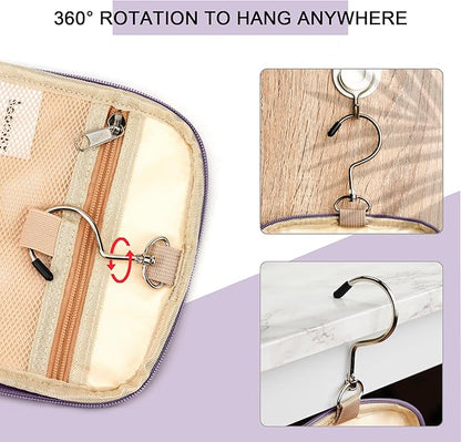 Travel Hanging Toiletry Bag for Women and Men, 6 Organizer Compartments, Holds Full Size Bottles, Extra Large Cosmetic Accessories, Makeup essentials, Bathroom Water-resistant Toiletries Bag, Purple