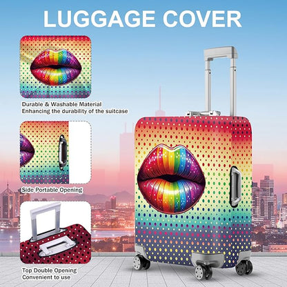 ANNA QUEEN Pop Art Rainbow Lips Luggage Cover, Colorful Suitcase Protector with Bold Lip Design, Stretchable, Washable Travel Cover for 24-26 Inch Luggage, Fun & Fashionable Style