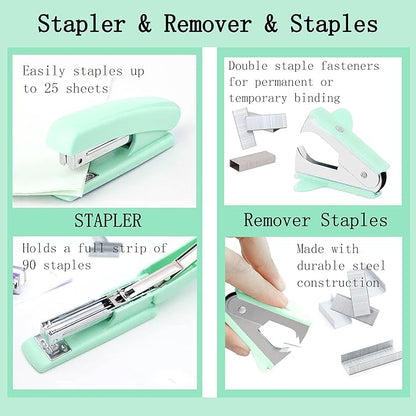 Green Office Desk Accessories Supplies, 12pcs Desk Organizers and Accessories with Tape dispenser and Stapler,Staples,Staple Remover,Pen Holder,Scissor,Ruler,Sticky Tabs,Tape,Ballpoint Pen,Clips Set