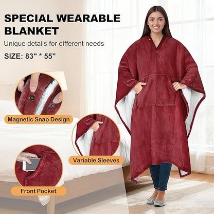 Catalonia Sherpa Wearable Blanket Poncho for Adult Women Men, Wrap Blanket Cape with Pocket, Warm, Soft, Cozy, Snuggly, Comfort Gift, No Sleeves, Wine