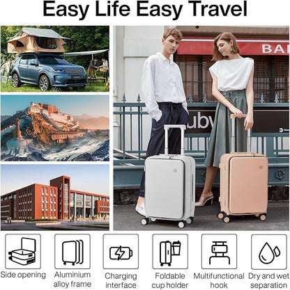 mixi Carry On Luggage with Cup Phone Holder and Charger Hard Shell Suitcases with Spinner Wheels,20 Inch Light Pink