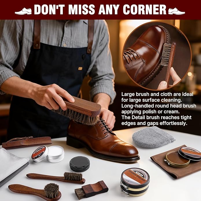 15-in-1 Shoe Shine Kit & Leather Polish Set with 4 Horsehair Brushes, Black Brown Neutral Wax, Mink Oil & 3 Cloths Shine Sponges Boot Care & Cleaning Gifts for Men Women with Portable Leather Case