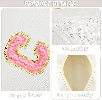 Initial Makeup Bag Personalized Preppy Travel Small Cosmetic Bag Cute PU White Chenille Letter Makeup Pouch for Purse Waterproof Zippered Toiletry Organizer for Women Girl Kid Friends(C)
