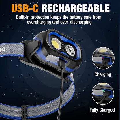 WORKPRO 1200LM Rechargeable Headlamp, Super Bright Head Lamp with White Red Light, Motion Sensor, Memory Function, Shockproof & IPX6 Waterproof Headlight with Dimmable for Camping, Hunting, Repair
