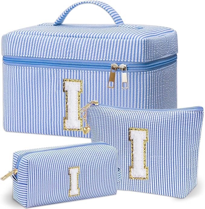 Personalized Monogram Makeup Bag, 3PCS Custom Monogrammed Toiletry Cosmetic Bag for 6-18 Teen Girls Women,Birthday Graduation Gifts Initial Pouch Makeup Bags for Women Girls, Make Up Bag (I, Blue)