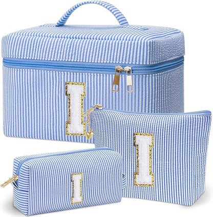 Personalized Monogram Makeup Bag, 3PCS Custom Monogrammed Toiletry Cosmetic Bag for 6-18 Teen Girls Women,Birthday Graduation Gifts Initial Pouch Makeup Bags for Women Girls, Make Up Bag (I, Blue)