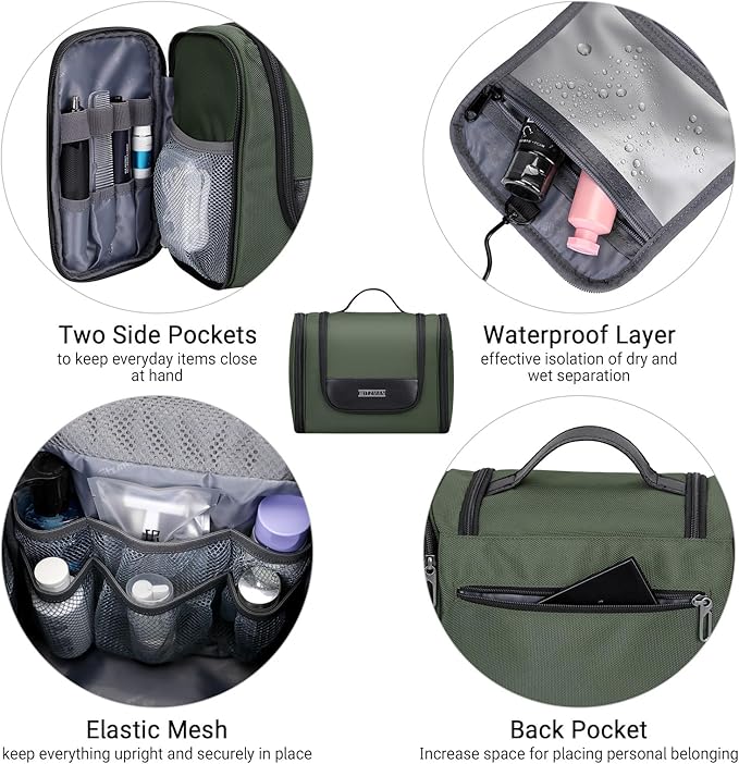 WITZMAN Toiletry Bag for Men Women Large Hanging Multi-organization Bathroom Bag Water-resistant Dopp Kit Shaving Bag Men(B690 Army Green)