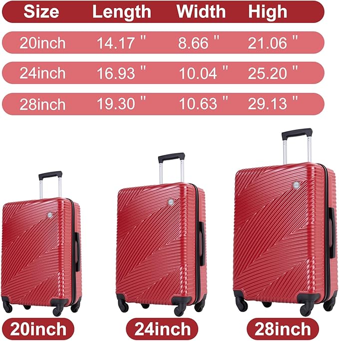 Luggage Sets Wear-Resistance Hardside Lightweight Suitcase Double Spinner Wheels, TSA Lock,Two Hooks, Scratch-resistant Carry-on,3 Piece Set(20inch 24inch 28inch) (Red)