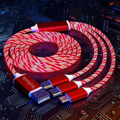 USB Cable PD Fast Charger Lighted Up (USB 3IN1 Red),Phone Data Cable, Flowing Light Charging Cable, 39-inch, TPE Material, Compatible with Almost All Phones, Tablets, and Headphones.