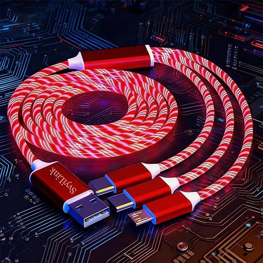 USB Cable PD Fast Charger Lighted Up (USB 3IN1 Red),Phone Data Cable, Flowing Light Charging Cable, 39-inch, TPE Material, Compatible with Almost All Phones, Tablets, and Headphones.