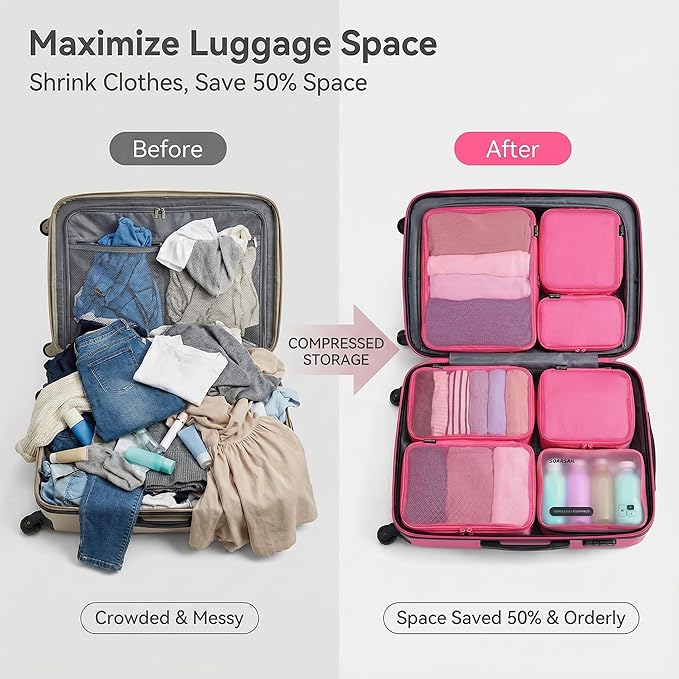 Compression Packing Cubes for Travel, 6-Piece Set (L/M/S), Double-Zip Luggage Organizers with Mesh Panels, Space-Saving Clothes Storage Bags for Suitcase & Carry-On (6 Pack, Rose Red)