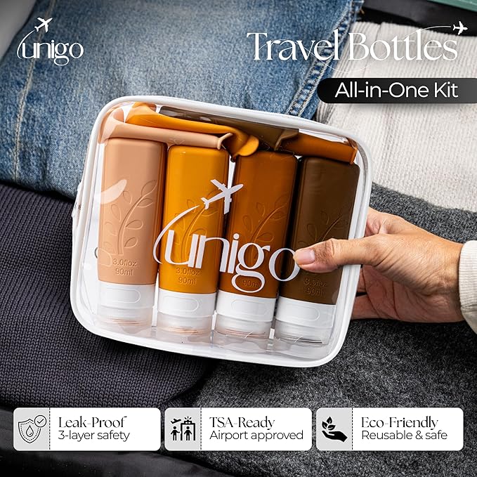 unigo Travel Bottles For Toiletries, 4 pack TSA Approved Containers, Travel Size Toiletries, Shampoo and Conditioner Bottles, Leak Proof and Refillable Bottles, BPA Free, Extra Bottle Covers (Apricot)