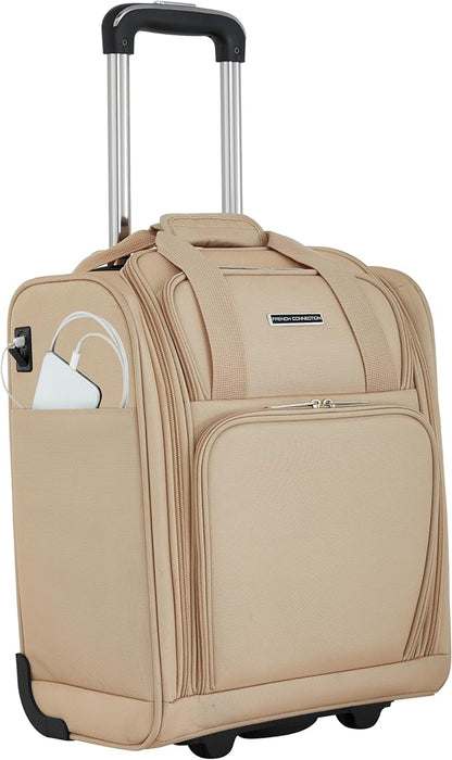 French Connection 16" Underseat Carry-On Luggage with USB/USB-C Ports, Toasted Almond