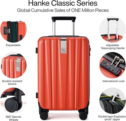 Hanke 20 Inch Expandable Carry on Luggage 22x14x9 Airline Approved Lightweight PC Hard Shell Suitcases with Wheels Tsa Luggage Rolling Suitcase Travel Luggage Bag for Weekender(Orange)