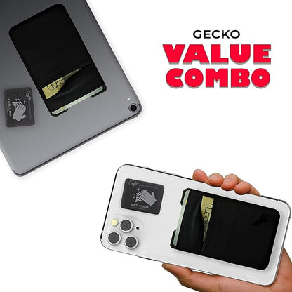 Gecko Travel Tech Double Pocket - Adhesive Card Holder - Cell Phone Pouch - Stick on Spandex Pocket - Carry Credit Cards and Cash (2 PACK - BLACK COMBO)