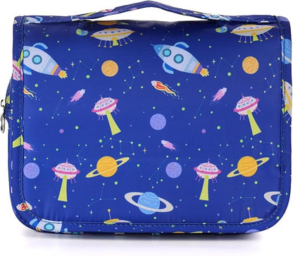 Kids Hanging Toiletry Bag for Boys, Travel Toiletry Bag for Little Young Boys Waterproof Wash Bag Toddler Traveling Toiletries, Space Blue