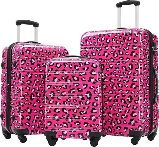 Merax Leopard Print Luggage Sets, 3 Piece Durable Suitcase Set with Spinner Wheels,Large Checked Travel Suitcases and Carry On Travel Luggage, 100% PC, TSA Lock,Hot Pink(20in/24in/28in)