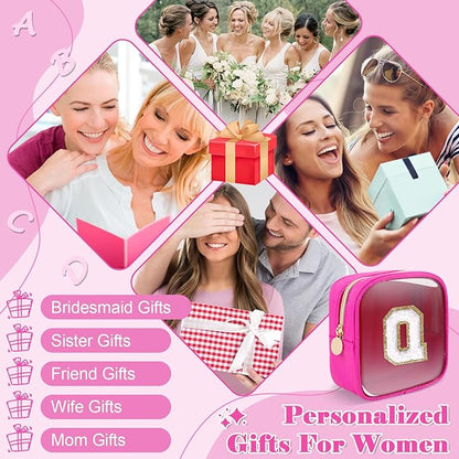 Personalized Initial Letter Clear Preppy Makeup Bag,Mini Nylon Chenille Letter Cosmetic Bag Cute Zipper Pouch Coin Purse for Teen Girls,Portable TSA Approved Travel Essentials Bag Gift for Women,Q