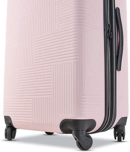 American Tourister Stratum XLT Expandable Hardside Luggage with Spinner Wheels, Pink Blush, Checked-Medium 24-Inch