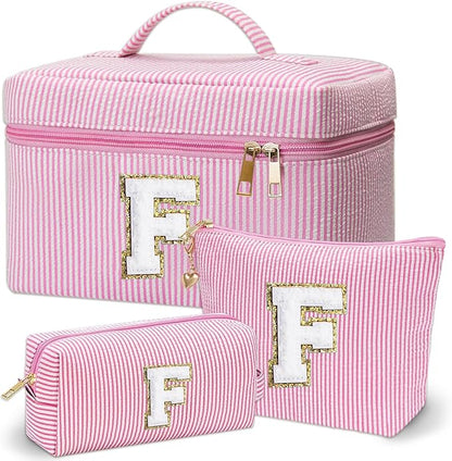 Personalized Monogram Makeup Bag, 3PCS Custom Monogrammed Toiletry Cosmetic Bag for 6-18 Teen Girls Women,Birthday Graduation Gifts Initial Pouch Makeup Bags for Women Girls, Make Up Bag (F, Pink)