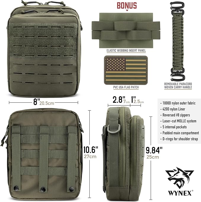 WYNEX Tactical Molle Admin Pouch, Utility EDC Pouch Organizer Modular Tool Pouch of Double Layer Design Medical EMT Attachment Bag Large Capacity with Elastic Webbing Insert Panel