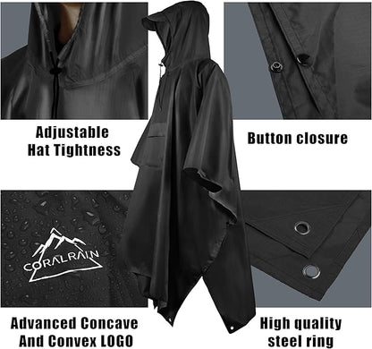 Coralrain Hooded Rain Poncho Lightweight Waterproof Unisex Raincoat Jacket with Pocket for Men Women Adult
