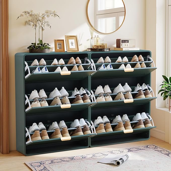 Hidden Shoe Cabinet with Drawer, Free Standing Narrow Shoe Rack Cabinet for Entryway Slim, 3 Flip Drawer Shoe Storage Organizer Cabinet for Entry,Hallway,Door,Dorm,Small Spaces - Green