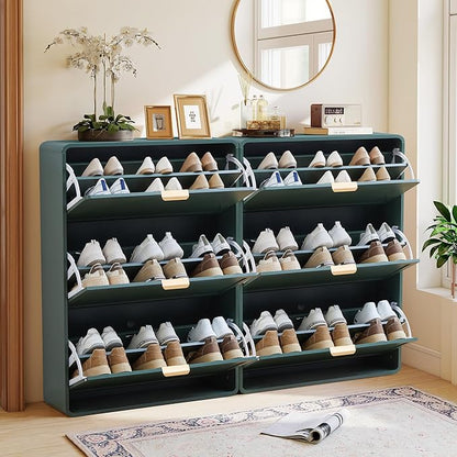 Hidden Shoe Cabinet with Drawer, Free Standing Narrow Shoe Rack Cabinet for Entryway Slim, 3 Flip Drawer Shoe Storage Organizer Cabinet for Entry,Hallway,Door,Dorm,Small Spaces - Green