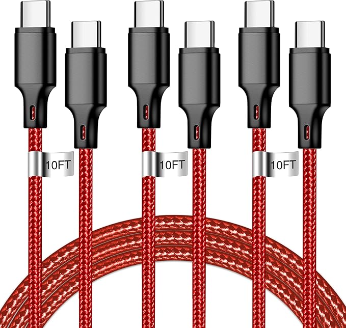 cugunu USB C to USB C Charger Cable, Nylon Braided 3Pack 60W 10FT Type C Fast Charging Cord Compatible for iPhone 15/16/17/Pro/Max/Plus, iPad, Air5, MacBook, Samsung, Google-Red