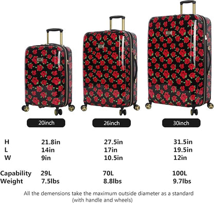 Betsey Johnson Designer Luggage Collection - Expandable 3 Piece Hardside Lightweight Spinner Suitcase Set - Travel Set includes 20-Inch Carry On, 26 inch and 30-Inch Checked Suitcase (Covered Roses)
