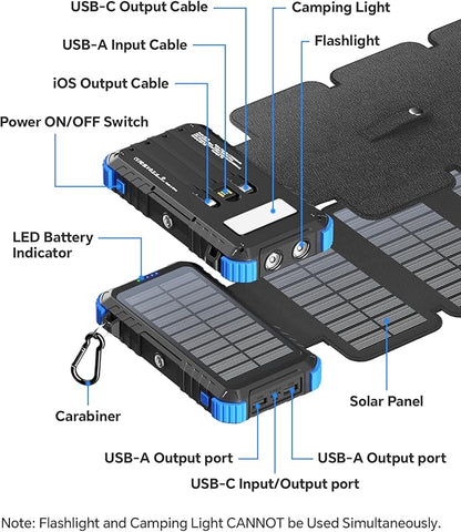 Solar Power Bank 45800mAh with 4 Panels, Portable Solar Charger with Build-in 3 Cables for iPhone, USB C in/Output 15W Fast Charging External Battery Pack with Flashlight & Camping Light