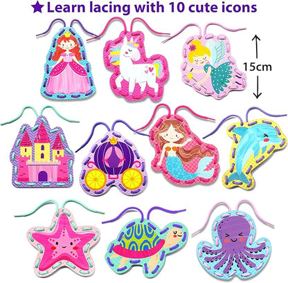 KRAFUN Beginner Unicorn My First Lacing Card Kit for Kids Arts & Crafts, 10 Easy Princess, Mermaid, Lacing Projects, Toddlers Lace Project, Fine Motor Preschool Skills Toys