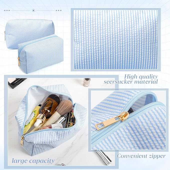 Sanwuta 6 Pcs Seersucker Cosmetic Bags Bulk Seersucker Makeup Bags Stripe Women Pouch Large Preppy Storage Pouch Toiletry Travel Organizer for Wedding Bridesmaid Bride Favor Mom Gift (Blue)