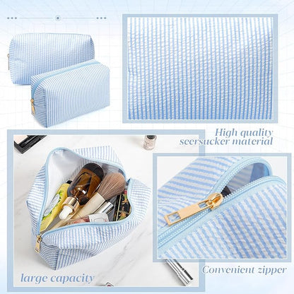 Sanwuta 6 Pcs Seersucker Cosmetic Bags Bulk Seersucker Makeup Bags Stripe Women Pouch Large Preppy Storage Pouch Toiletry Travel Organizer for Wedding Bridesmaid Bride Favor Mom Gift (Blue)