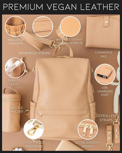 MIA + SOPHIA Leather Diaper Bag Backpack with USB Charging port, Changing Pad, Stroller Straps, and Bottle Holder (Brown Mia)