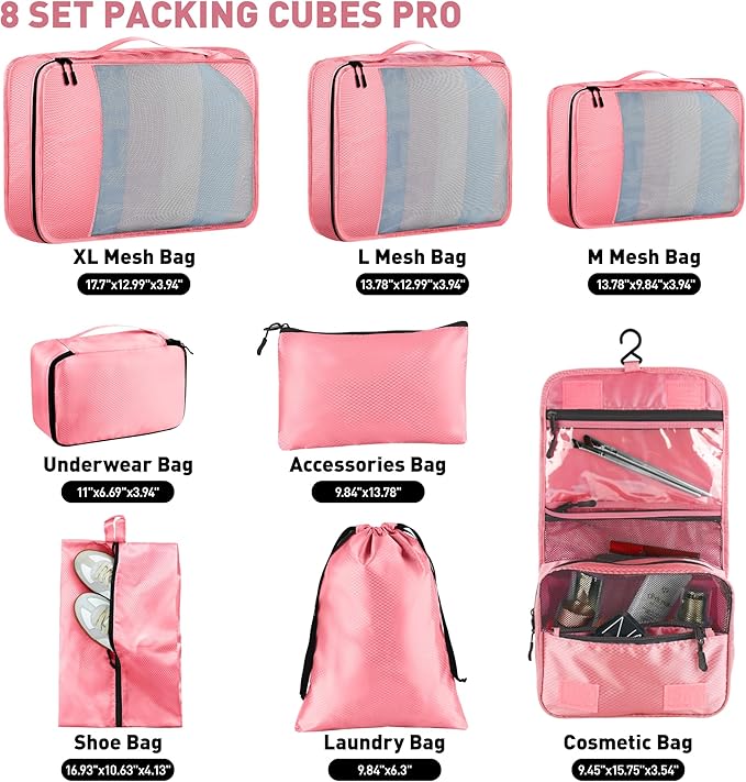 Packing Cubes for Travel, 8-Piece Mesh Holographic Stripe Mesh Luggage Organizers with Shoe Bag, Toiletry Bag, Laundry Pouches, 4-Sizes set for Suitcase Organization, Men Women Kids, Pink