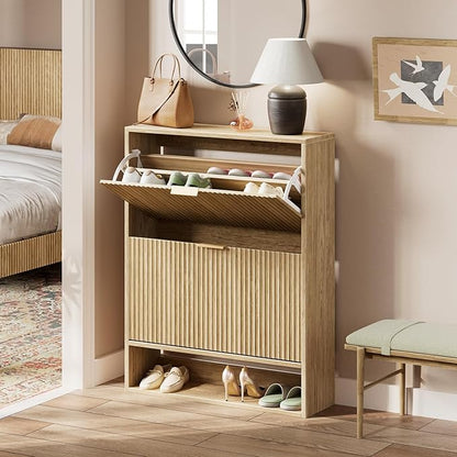 Evermagin 31.5''W Oak Shoe Cabinet Storage for Entryway, Fluted Slim Shoe Dresser with 2 Flip Drawers, Narrow Shoe Rack Cabinet, Hidden Shoe Organizer Cabinet for Entrance, Hallway