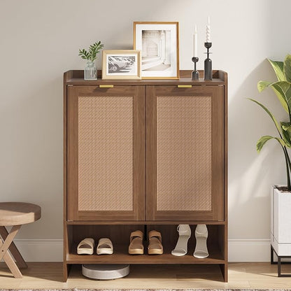 EROMMY Rattan Shoe Storage Cabinet with Doors- 5 Tier Farmhouse Boho, Tall Wooden Storage Rack with 3 Adjustable Shelves, Shoes Rack Organizer Cabinet for Entryway Hallway Closet