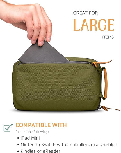 Tech Bag Organizer - Small Electronics Organizer Pouch for Travel - Premium Travel Case with Leather Accents - Mesh Pocket for Cables, Cords and Chargers (Green)