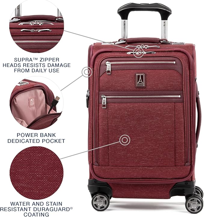 Travelpro Platinum Elite Softside Expandable Carry on Luggage, 8 Wheel Spinner Suitcase, USB Port, Laptop and Tablet Sleeves, Men and Women, Bordeaux Red, Carry On 20-Inch