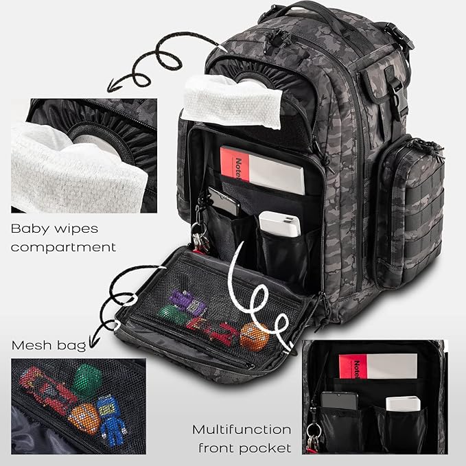 Dad Diaper Bag, Mens Diaper Bag Backpack with Diaper Changing Mat, Military Diaper Backpack with Molle Webbing, Waterproof Pouch, Baby Wipes pocket, Insulated Bottle Pockets- Black Camo