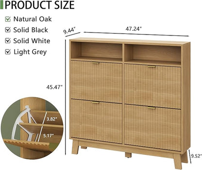 Shoe Cabinet with 4 Flip Drawers, 46" Tall Hidden Fluted Shoe Storage Organizer for Entryway, Narrow Slim Wooden Shoe Rack Cabinet for Front Door Entrance, Hallway, Living Room, Natural Oak