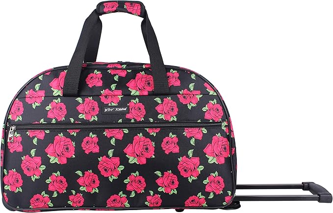 Betsey Johnson Designer Carry On Luggage Collection - Lightweight Pattern 22 Inch Duffel Bag- Weekender Overnight Business Travel Suitcase with 2- Rolling Wheels (Covered Roses)